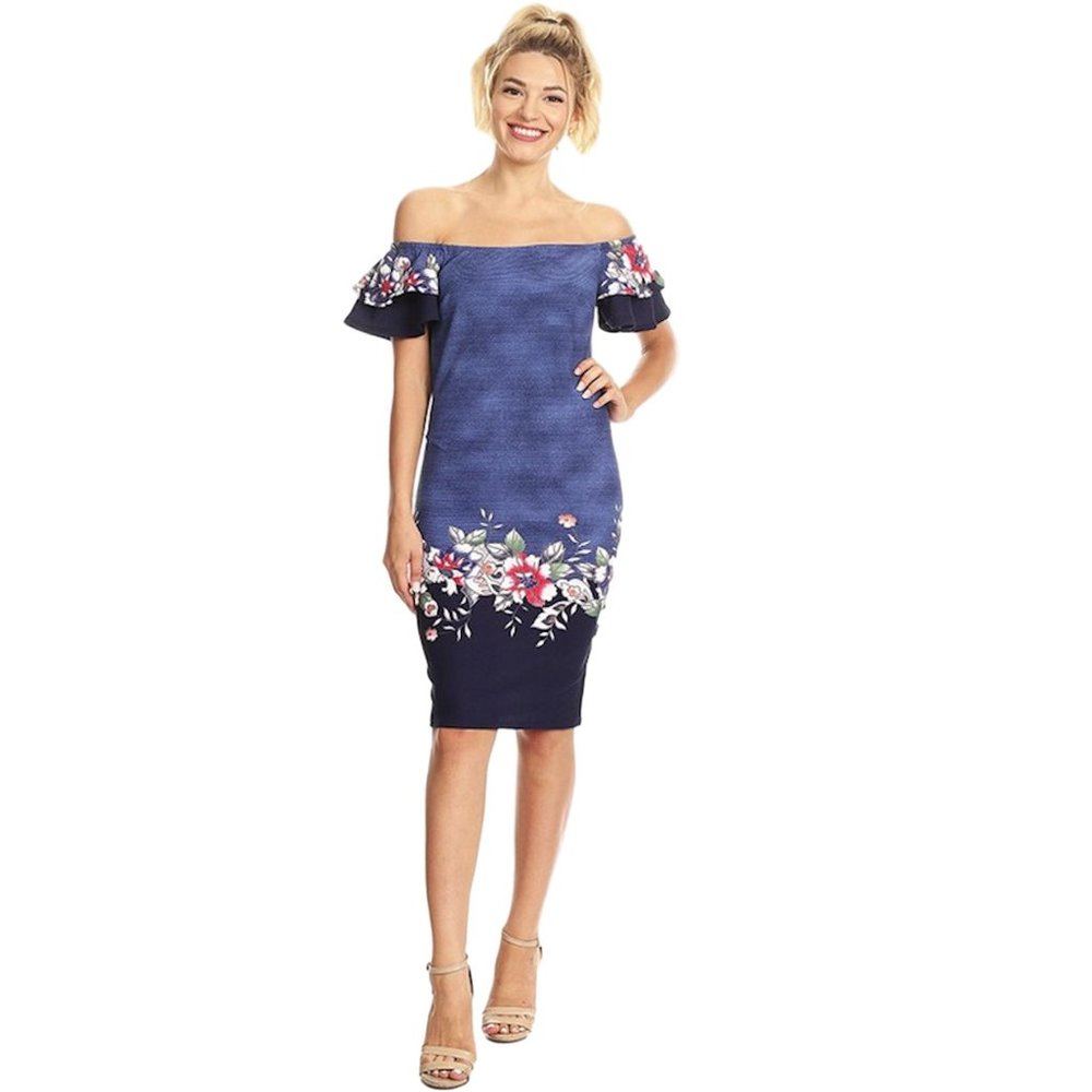 Moa Floral Off Shoulder Midi Knit Bodycon Dress